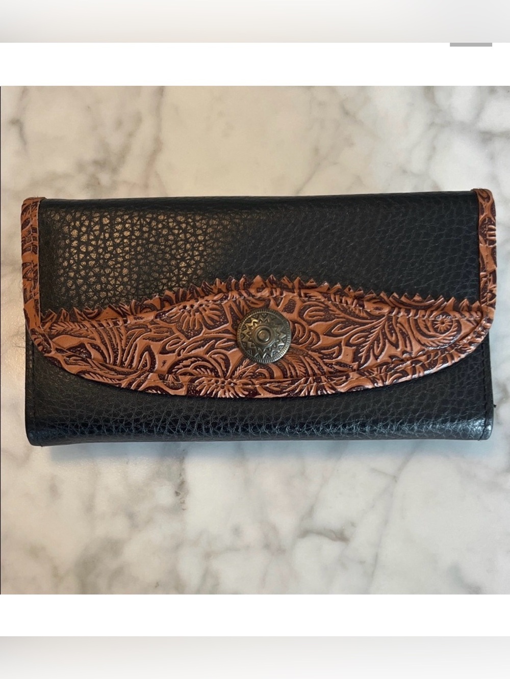 Elegant Black and Brown Tooled Leather Women's Wallet